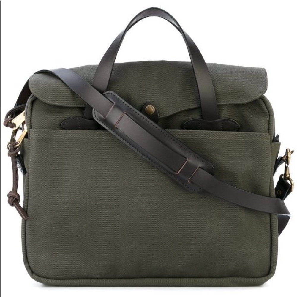 Filson Olive Green Canvas Briefcase with Dark Brown Leather Trim
